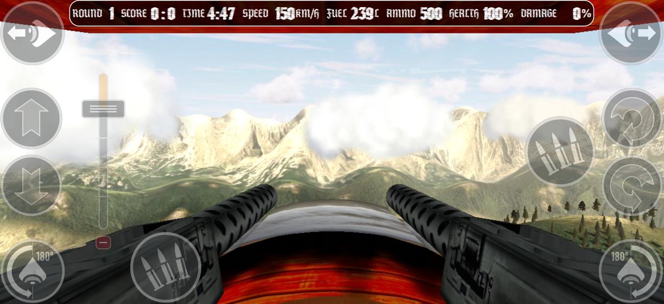 The cockpit of the biplane over the mountains: two machine guns, the throttle lever, the fire buttons and the bar of round, score, time, speed, fuel, ammo, health and damage