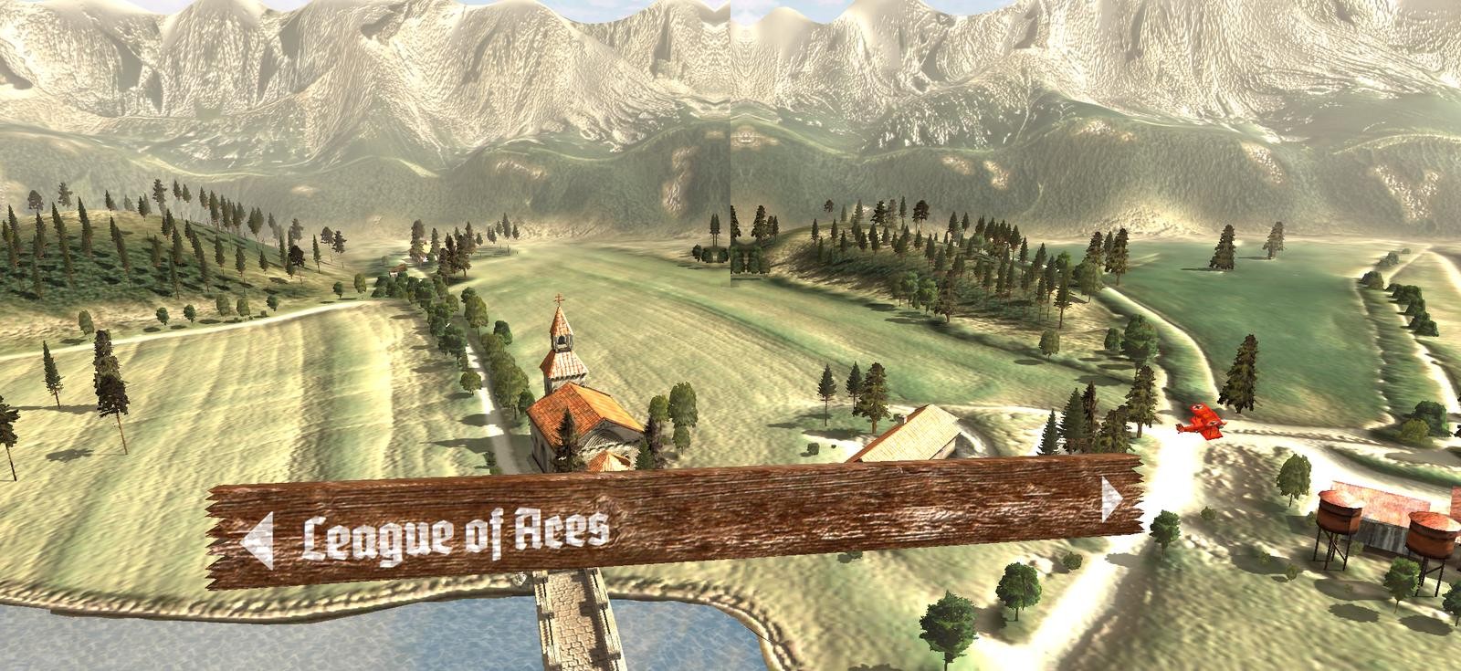 The Liptov valley in Dogfight Duel 2: the snowy peaks over fields, pine forest and a village church